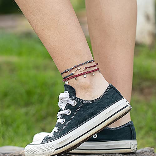 Waterproof String Anklets Cute Beaded Ankle Bracelets Beach Wave Anklet Stainless Steel Coin Boho Ankle Jewelry for Women - color: Wine