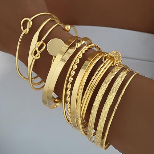FAXHION Gold Bangle Bracelets for Women, 14 Pcs Multi Layer Stackable Bangle Set, 14K Gold Plated Textured Chunky Bracelets Boho Jewelrys Set - style: Gold A-14 pcs
