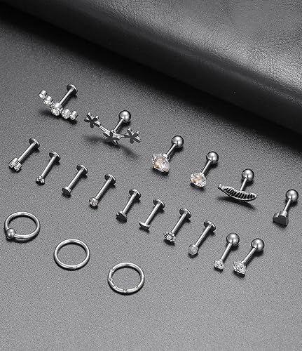 Tornito 9-30Pcs Cartilage CZ Stud Earrings Conch Forward Helix Tragus Daith Piercing Lip Rings Snake Heart Butterfly Jewelry for Women Men 16G Silver Gold Tone - color: C1:19PCS, Silver Tone