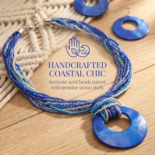 Coiris Multi Strand Statement Colorful Beaded Necklace with Big Circle Shell Pendant for Women - color: Royalblue