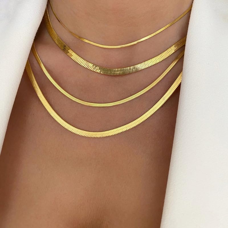 IDOKAWA 14K Gold/Silver Plated Snake Chain Necklace Herringbone Necklace Gold Choker Necklaces for Women Gifts Jewelry 3MM(W) 16"(L) - color: Gold