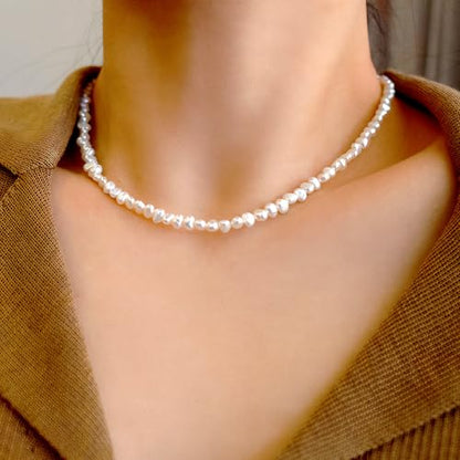 Natural Pearls Necklace, Freshwater Baroque Pearls Necklace for Women's Pearl Strand Choker Necklace 18K Gold Plated & S925 Sterling Silver Clasp White Necklace Chain - color: White, 5-6mm, Silver Clasp