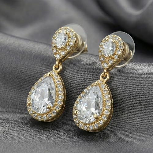 Mariell Cubic Zirconia Crystal Teardrop Dangle Bridal and Wedding Earrings, CZ Jewelry for Brides, Bridesmaids, Homecoming, Prom and Dressy Everyday Wear - color: Gold-Clear Cubic Zirconia