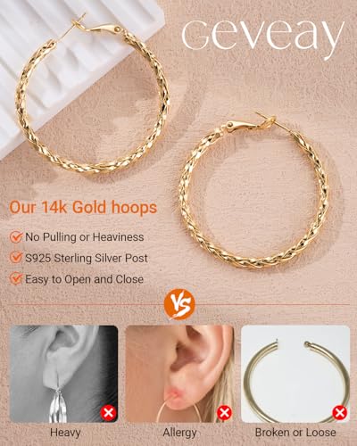 925 Sterling Silver Post Hoop Earrings Lightweight Twisted Hoop Earrings for Women Hypoallergenic Large Hoop Earrings 30/40/50MM - color: Gold, size: 50MM