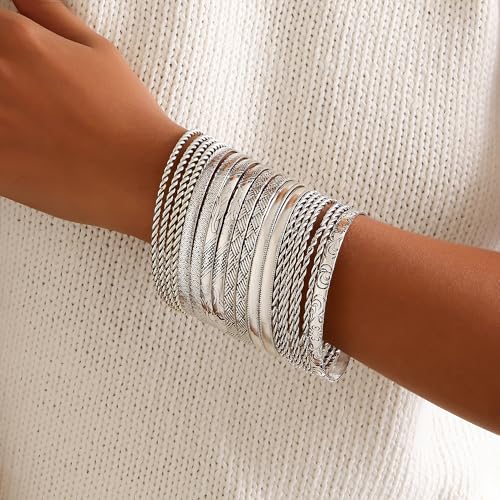 Gold Bangles for Women, 12 Pcs Boho Stackable Bracelets Multi Layer Textured Chunky Bracelets Jewelry Set for Women - color: Style F- 19 pcs silver