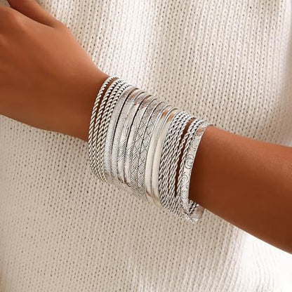 Gold Bangles for Women, 12 Pcs Boho Stackable Bracelets Multi Layer Textured Chunky Bracelets Jewelry Set for Women - color: Style F- 19 pcs silver