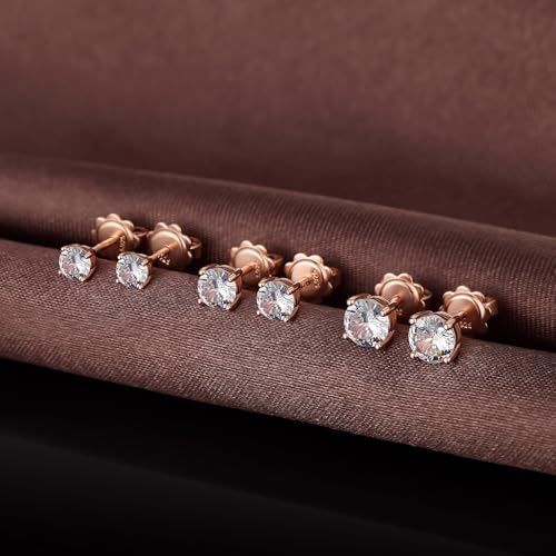 925 Sterling Silver Cubic Zirconia Stud Earrings for Women/Men Hypoallergenic Stud Earrings 4MM-8MM - style: C: Round Stud-Rose Color