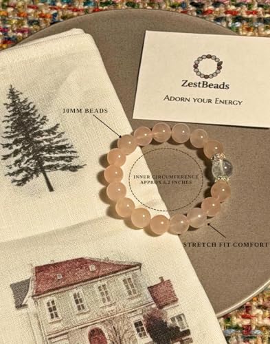 ZestBeads 10mm Natural Gemstone Bracelet for Women, Premium Crystal Beaded Energy Jewelry for Mindfulness & Meditation, Gift Ready Sustainable Cork Packaging - style: Blush Glow