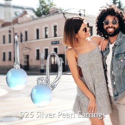 TIGER RIDER Pearl Earrings 925 Sterling Silver Leverback Hypoallergenic Drop Earring Jewelry for Women Birthday Gifts - style: Moonstone