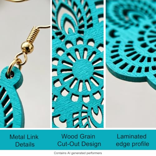 Boho Black Filigree Dangle Earrings for Women, Lightweight Hollow Lace Drop, Wood, 3.34" x 1.69", Bohemian Jewelry - color: Sky Blue