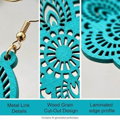 Boho Black Filigree Dangle Earrings for Women, Lightweight Hollow Lace Drop, Wood, 3.34" x 1.69", Bohemian Jewelry - color: Sky Blue