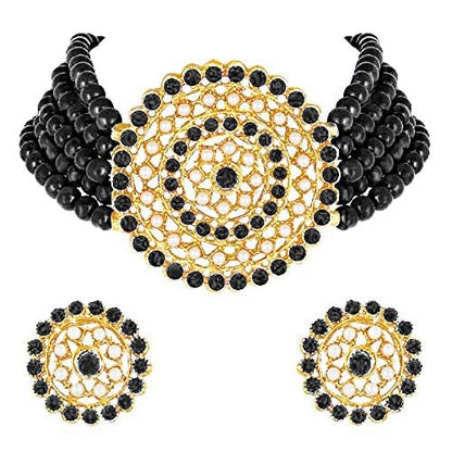 Aheli Pearl Diamond Choker Necklace & Round Earrings Gift for Women Indian Traditional Bollywood Fashion Bharatanatyam jewellery set - color: Black