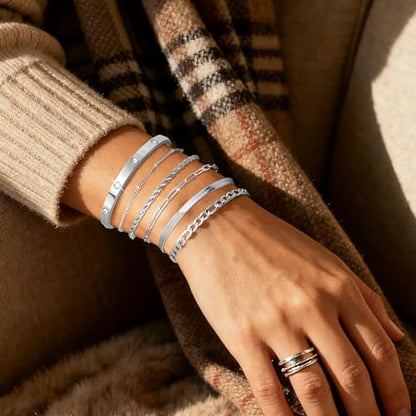 MOINSPIRE Bracelets for Women Non Tarnish, Dainty 18K Gold Plated Bracelets Stack Trendy Waterproof Stackable Bangles, Cuban Link Paperclip Chain Jewelry Set Fashion Accessories Gifts for Women - color: A4-Silver Clip Bead + Bracelet
