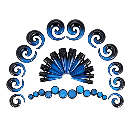 Qmcandy 00G-20mm Ear Stretching Kit 36PCS Big Gauge Taper Kit Large Acrylic Tunnel Plug Spiral Set - color: 36pcs, Black Blue