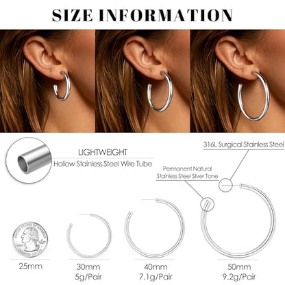 Gold Hoop Earrings for Women Summer Earrings Stainless Steel Hypoallergenic Earrings for Sensitive Ears Non Tarnish Hoops 4mm Hollow Tube Lightweight Earring Gifts for Women - style: 50mm Silver