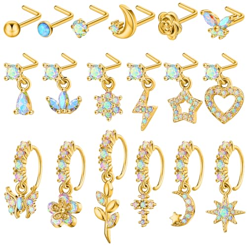 18 Pcs Dangle Nose Ring L Shaped Dangling Nose Stud Nose Ring Hoop Indian Nose Piercing Jewelry with Charm - color: Gold AB