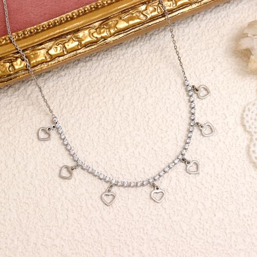 Silver Heart Charm Link Anklet for Women, Adjustable Handmade Cubic Zirconia Stackable Waterproof Summer Beach Chain Anklets Jewelry Accessories Gift - color: Silver Hollowed Heart