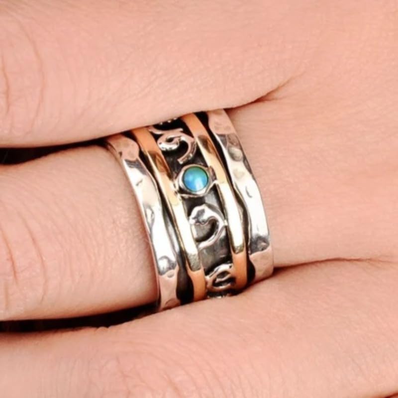 Bohemian Blue Synthetic Gemstone Two Tone Wide Rings for Women Daily Casual Party Rings Jewelry - color: Silver&Gold