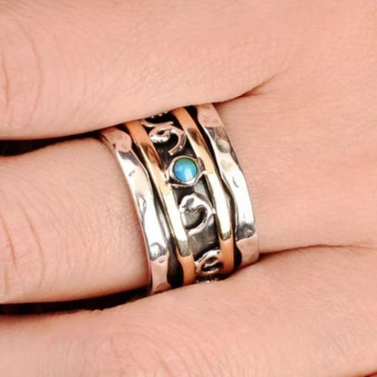 Bohemian Blue Synthetic Gemstone Two Tone Wide Rings for Women Daily Casual Party Rings Jewelry - color: Silver&Gold