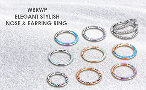 WBRWP 316L Stainless Steel Nose Hoop Rings Clicker with Zircon/Opal 14g-20g | Hypoallergenic Nose Rings Segment Clicker Lip Rings Cartilage Rook Conch Earrings Diameter 5mm-10mm - color: Flat silver ring with white opal -1pc pack
