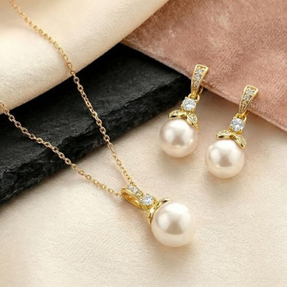 Mariell Pearl Drop Bridal Necklace Earrings Set with CZ Crystals for Bride, Bridesmaid, Birthday Gift - color: Gold Necklace Earrings Set