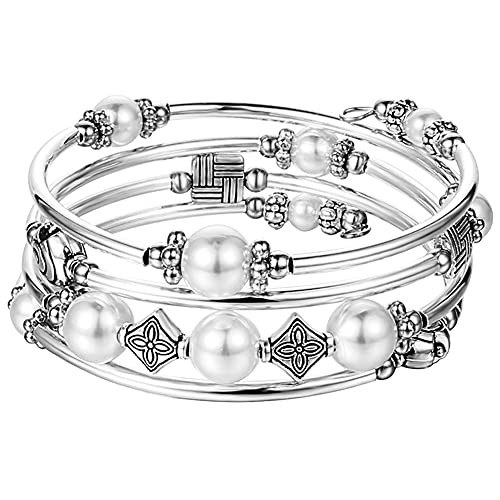 Beaded Pearl Bangle Wrap Bracelet - Fashion Bohemian Jewelry Multilayer Charm Bracelet with Thick Silver Metal Beads, Gift For Women - color: White