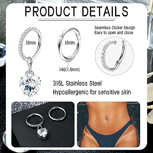 THUNARAZ 14G Hoop Belly Button Rings for Women CZ Clicker Navel Piercing | Surgical Stainless Steel Belly Navel Rings, Hoop Heart Butterfly Dangle Belly Piercing Jewelry - color: Silver Tone-Heart