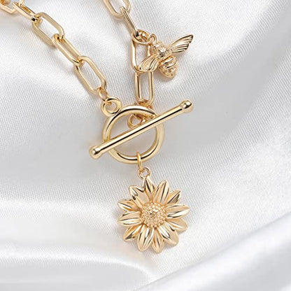 DoreenBeads 18K Gold Sun Moon Star Compass Pendant Necklace | Chunky Toggle Paperclip Chain Necklace with Heart Daisy Bee Charms for Women Girls 20 Inches - color: Daisy & Bumblebee
