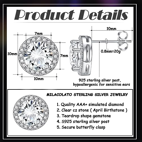MILACOLATO Cubic Zirconia Stud Earrings 18K White Gold Plated Sterling Silver Post Birthstone Earrings 10MM Round Simulated Diamond Halo Studs Dance Competition Earrings for Women Hypoallergenic, Clear CZ