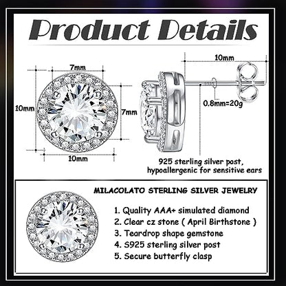 MILACOLATO Cubic Zirconia Stud Earrings 18K White Gold Plated Sterling Silver Post Birthstone Earrings 10MM Round Simulated Diamond Halo Studs Dance Competition Earrings for Women Hypoallergenic, Clear CZ