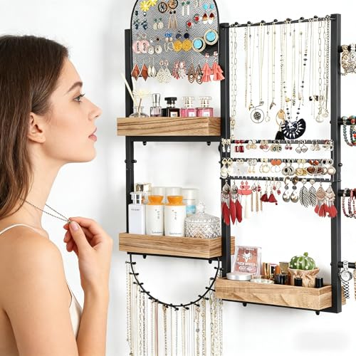Keebofly Large Jewelry Organizer - Big Wall Mount Hanging Jewelry Holder Display for Earrings, Rings, Necklaces, Bracelets, Makeup, Perfume & Watches - color: Rustic Brown