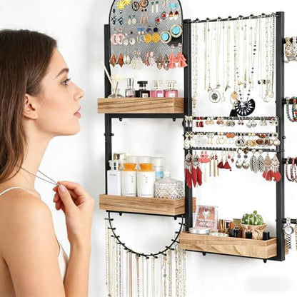 Keebofly Large Jewelry Organizer - Big Wall Mount Hanging Jewelry Holder Display for Earrings, Rings, Necklaces, Bracelets, Makeup, Perfume & Watches - color: Rustic Brown