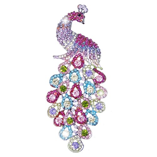 EVER FAITH New 5 Inch Peacock Pin Brooch Pendant Austrian Crystal - color: Black-Tone Multicolor