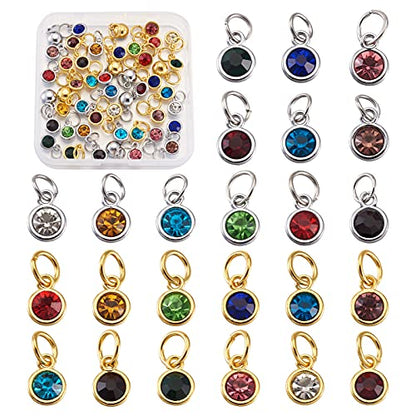 Cheriswelry 48Pcs 7.5mm Silver Gold Flat Round Alloy Glass Rhinestone Charms Birthstone Pendants Tiny Dangle Charms for DIY Necklace Earring Bracelet Jewelry Making Crafts - color: Mixed Color
