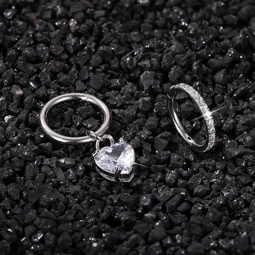 THUNARAZ 14G Hoop Belly Button Rings for Women CZ Clicker Navel Piercing | Surgical Stainless Steel Belly Navel Rings, Hoop Heart Butterfly Dangle Belly Piercing Jewelry - color: Silver Tone-Heart