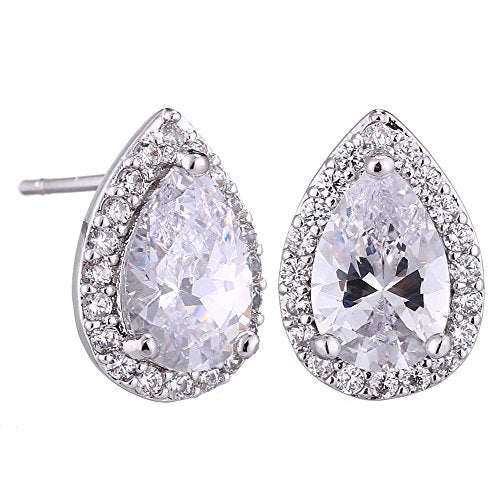 Women's Wedding Jewelry Set for Bride Teardrop CZ Necklace Earrings Set | Sterling Silver Pear Shape Necklace and Studs Crystal Rhinestone Costume Jewelry for Party Prom Bridesmaids - color: Clear