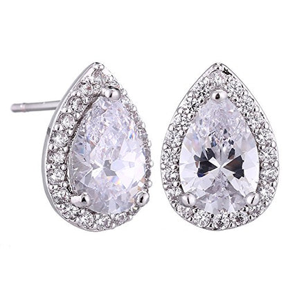 Women's Wedding Jewelry Set for Bride Teardrop CZ Necklace Earrings Set | Sterling Silver Pear Shape Necklace and Studs Crystal Rhinestone Costume Jewelry for Party Prom Bridesmaids - color: Clear