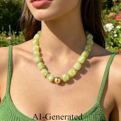 Ritach Chunky Beaded Necklaces for Women - Colorful Large Square Acrylic Beaded Necklace Boho Chunky Necklace Adjustable Statement Choker Necklace for Women Waterproof Summer Beach Jewelry Gifts - color: Light Green