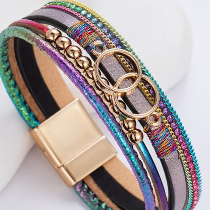 Chunky Boho Leather Wrap Bracelets Cowgirl Beaded Circle Western Jewelry | Stackable Infinity Layered Bohemian Magnetic Clasp Cuff Statement Fashion Colorful Country Hippie Outfits for Women Trendy - color: Rainbow