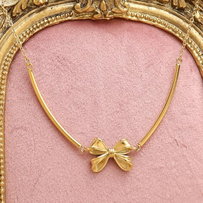 Gold Pendant Pearl Layered Choker Necklace Set for Woman, Chunky Charm Adjustable Pearls Bead Gemstone Shell Conch Tiger Eye Natural Stone Bow Chain Nacklaces Fall Fashion Prom Jewelry Gift. - color: Bow