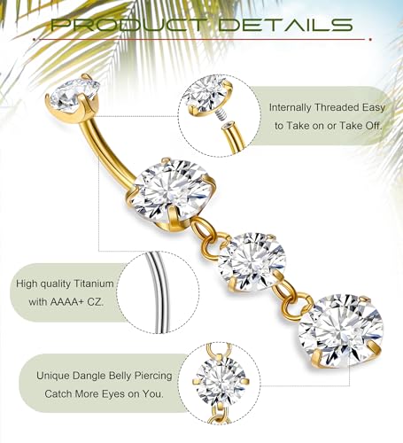 G23 Titanium Dangle Belly Button Rings for Women Dangling Navel Rings CZ Belly Rings Curved Barbell Internally Threaded Belly Piercing Jewelry - color: Gold