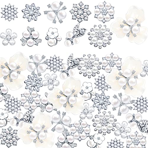 Hicarer 44 Pieces Pearl Rhinestone Buttons Rhinestone Faux Pearl Embellishments Brooch Alloy Floral Pendants for Jewelry Making Party Wedding Bridal Bouquet DIY Home Decoration(Silver) - color: Silver