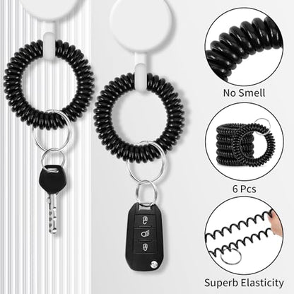 QIUTIMIY 6PCS Wristlet Keychain, Colorful Spiral Coil Hair Tie for Women, Sauna Accessaries Wrist Coil Key Ring Key Holder - color: Black-s