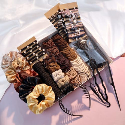 Hair Accessories Set for Women, Ponytail Holders, Hair Scrunchies, Hairbands, Scrunchy Hair Ties, Hair Styling Tool Set (1163PCS(brown) - color: 1163PCS(brown)