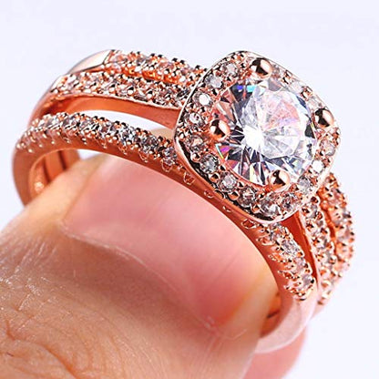 Jude Jewelers Silver Rose Gold Three-in-One Wedding Engagement Bridal Halo Ring Set - color: Rose Gold