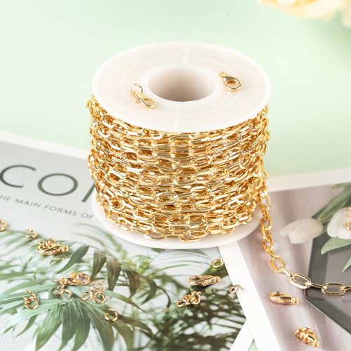 32.8 Feet Thin Paperclip Chains Width 4MM Craft Chain for Necklace Bracelet Earring Making Gold Plated Iron Chain Bulk with Lobster Clasps and Jump Rings Jewelry Making Supplies - color: 7.6x4mm Paperclip