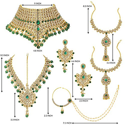Aheli Bollywood Style Indian Bridal Choker Necklace Matha Patti Nose Ring Haath Phool Wedding Fashion Bharatanatyam jewellery set for Women - color: Champagne-Green