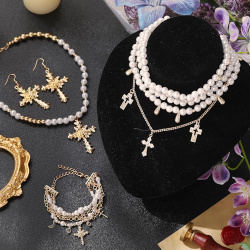 Tondiamo 3 Pcs Gothic Jewelry Set Cross Necklace for Women Goth Earrings Bracelet Layered Y2k Choker Costume Accessory - color: Golden, style: Pearl Style