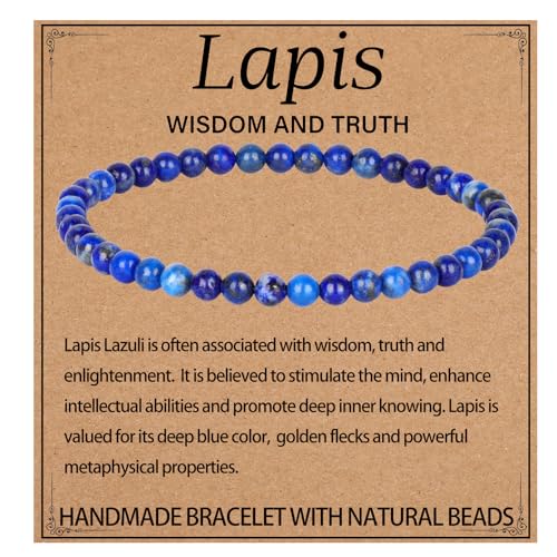 LPBeads Handmade Natural Gemstone Stretch Elastic Bracelet Healing Crystal Round Stone Beads Jewelry Gifts for Women Men - color: Lapis Lazuli, size: 4mm