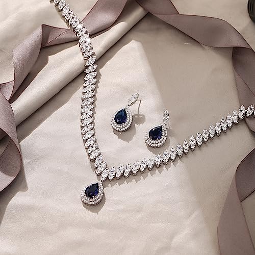 EVER FAITH CZ Marquise Leaf Teardrop Wedding Prom Jewelry Set for Women | Birthstone Pendant Necklace Dangle Earrings - color: Blue
